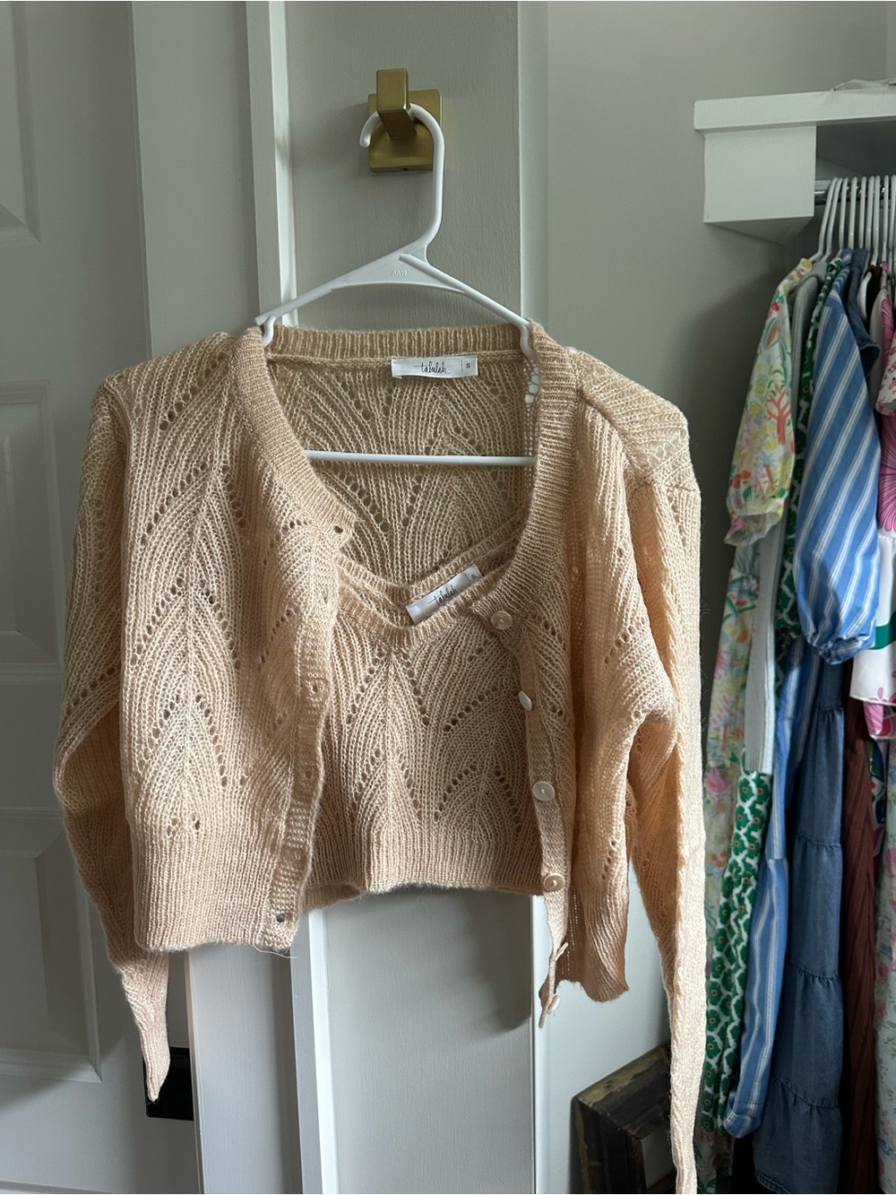 Light Peach Open-Knit Women’s Sweater Cardigan Set